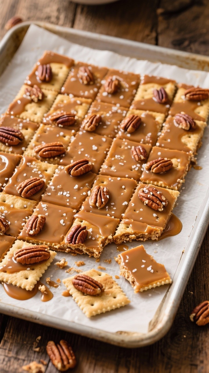 Overhead flat lay of Pecan Praline Crunch cracker toffee cooling on a parchment-lined 10x15-inch rimmed sheet: a tight grid of salted saltine crackers coated in glossy butter–light brown sugar caramel, finished with vanilla and a whisper of fine sea salt; scattered toasted pecan halves pressed into the surface, caramel pooling at the edges, a few pieces broken to reveal the crackly layer; warm holiday tones, high contrast, crisp highlights on the lacquered caramel, no people, professional studio light on a rustic wood surface.