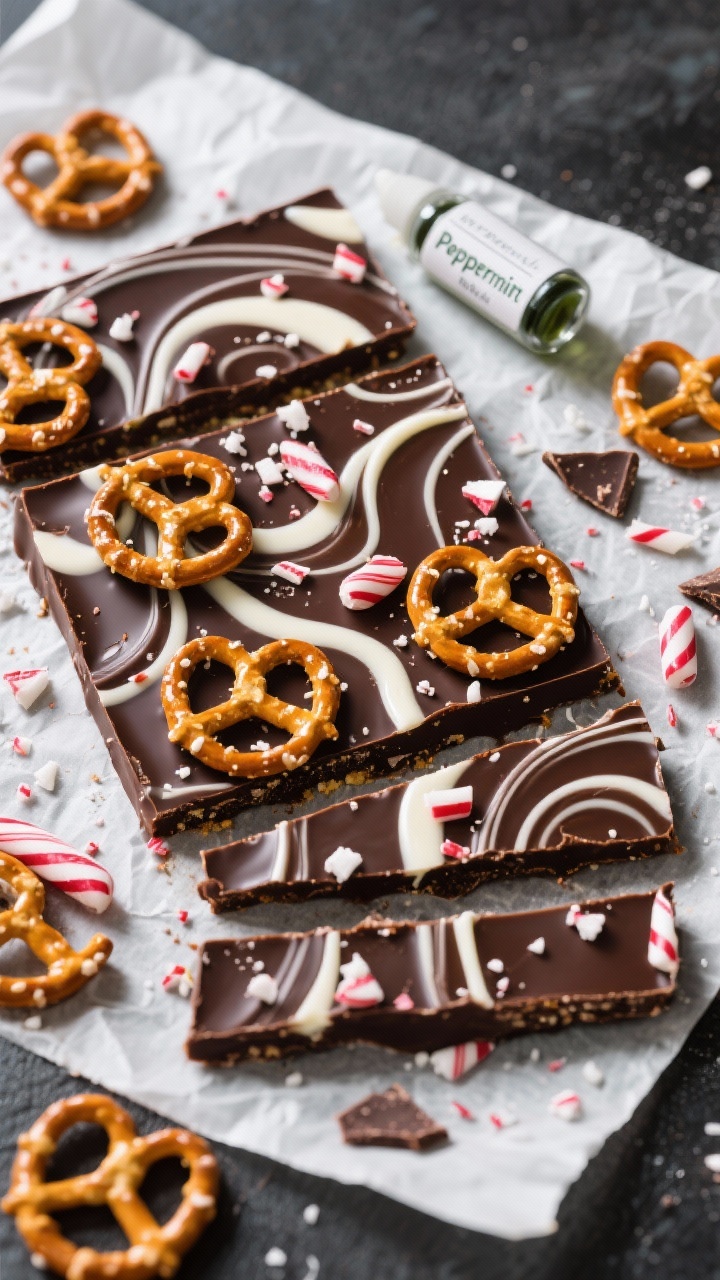 Overhead flat lay of peppermint bark pretzel thins: a glossy layer of dark chocolate topped with a marbled swirl of white chocolate, thin pretzels embedded throughout, sprinkled with crushed candy cane; include a small vial labeled peppermint extract, extra pretzels scattered, and shards of set bark on parchment; crisp, high-contrast lighting to show shine and texture.