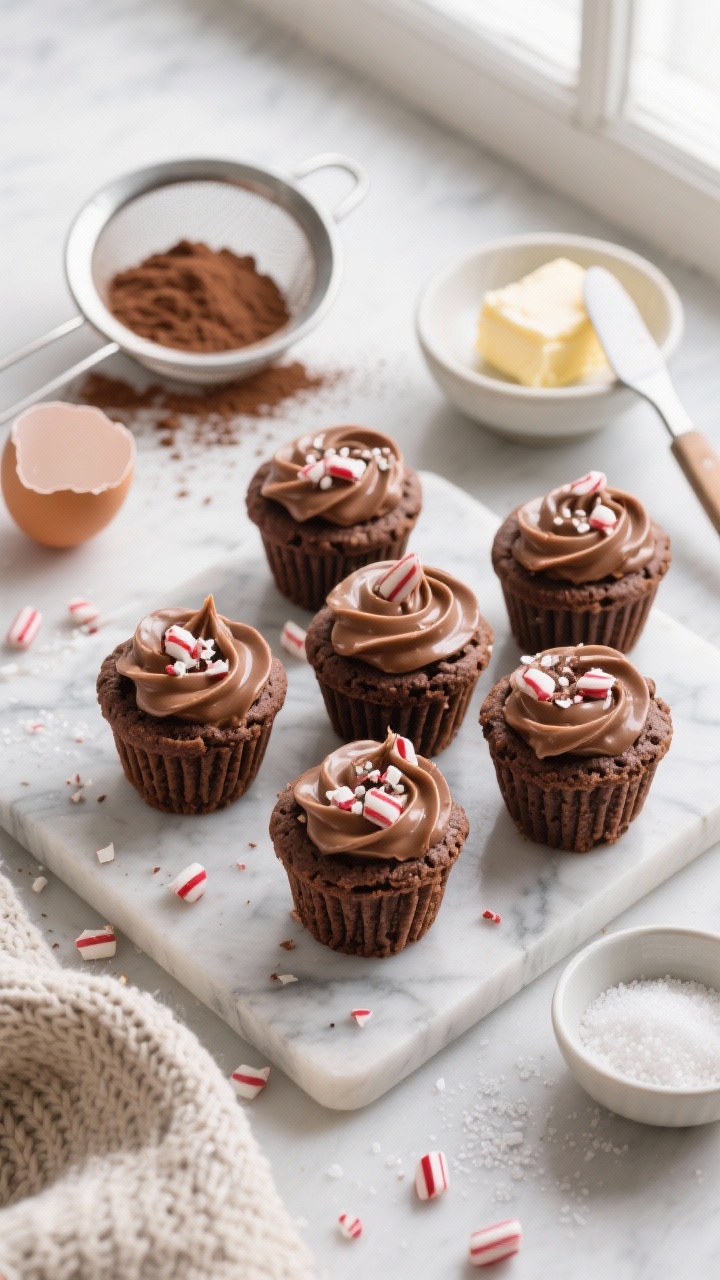 Overhead flat lay of Peppermint Mocha cup cookies styled like mini holiday drink cups: chocolate cookie bases made with cocoa powder and all-purpose flour, edges crisp, tops swirled with glossy mocha icing, dotted with crushed peppermint candy and a dusting of cocoa; include props of cocoa powder in a sieve, a small bowl of granulated sugar, softened butter with a spatula swipe, a cracked egg, baking powder, and kosher salt in pinch bowls; set on a cool marble surface with a cozy knit napkin for “cozy sweater” mood, soft window light, shallow depth of field emphasizing the peppermint sparkle.
