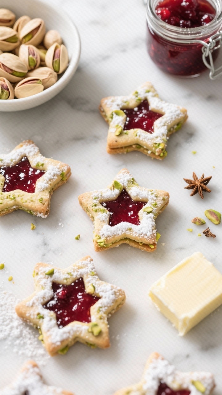 Overhead flat lay of Pistachio-Cranberry Linzer Stars with sparkling jam centers: star-shaped sandwich cookies made from pistachio-studded dough (finely ground pistachios, all-purpose flour, baking powder, fine sea salt, optional cardamom) with cut-out windows filled with glossy cranberry jam that glistens. Some tops lightly dusted with powdered sugar, visible green flecks of pistachio in the crumb. Ingredients artfully arranged: a bowl of shelled unsalted pistachios, a jar of cranberry jam, a pinch of cardamom, softened unsalted butter. Cool marble surface, crisp holiday elegance, balanced negative space.