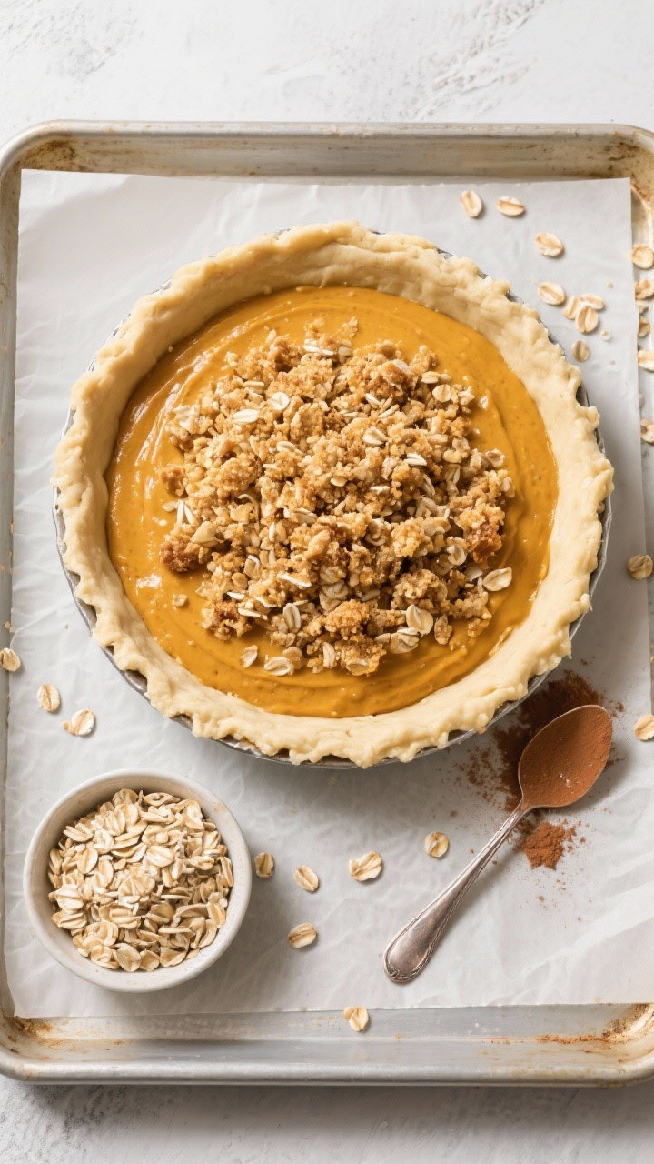 Overhead flat lay of Pumpkin Pie with Oat Streusel Crunch: an unbaked 9-inch pie crust filled with pumpkin custard and crowned with a chunky golden oat streusel. Include a small dish of rolled oats, brown-sugar-flecked streusel crumbs, and a spoon dusted with cinnamon nearby. The pie is on a parchment-lined sheet pan with a few toasted oat bits around the rim; bright, crisp lighting to emphasize the crunchy crumb and creamy contrast.