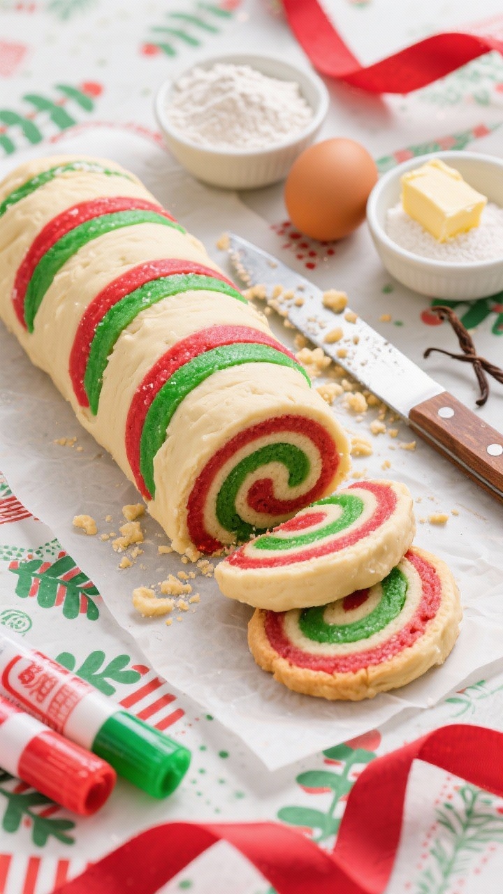 Overhead flat lay of Ribbon Candy Swirl Pinwheel Cookies sliced from a chilled log: vivid red and green gel-tinted spirals wrapped in vanilla dough, evenly round with tight swirls; composition includes the partially sliced dough log, a chef’s knife with crumbs, small bowls of flour, baking powder, salt, softened butter, sugar, an egg, vanilla, and gel color tubes; placed on a holiday-patterned parchment; bright, punchy lighting to pop the colors.