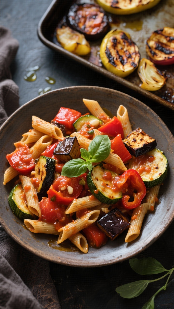 Overhead flat lay of roasted veggie ratatouille pasta with silky tomato-garlic sauce: whole-wheat penne tossed with caramelized roasted eggplant cubes, red bell pepper, zucchini half-moons, and sweet yellow onion; glossy tomato-garlic sauce clinging to the pasta, a few torn basil leaves for fragrance, and a finishing thread of olive oil; arranged in a large rustic platter with a sheet pan of just-roasted vegetables nearby, charred edges visible; moody yet vibrant color palette, gentle side light accentuating roast marks.
