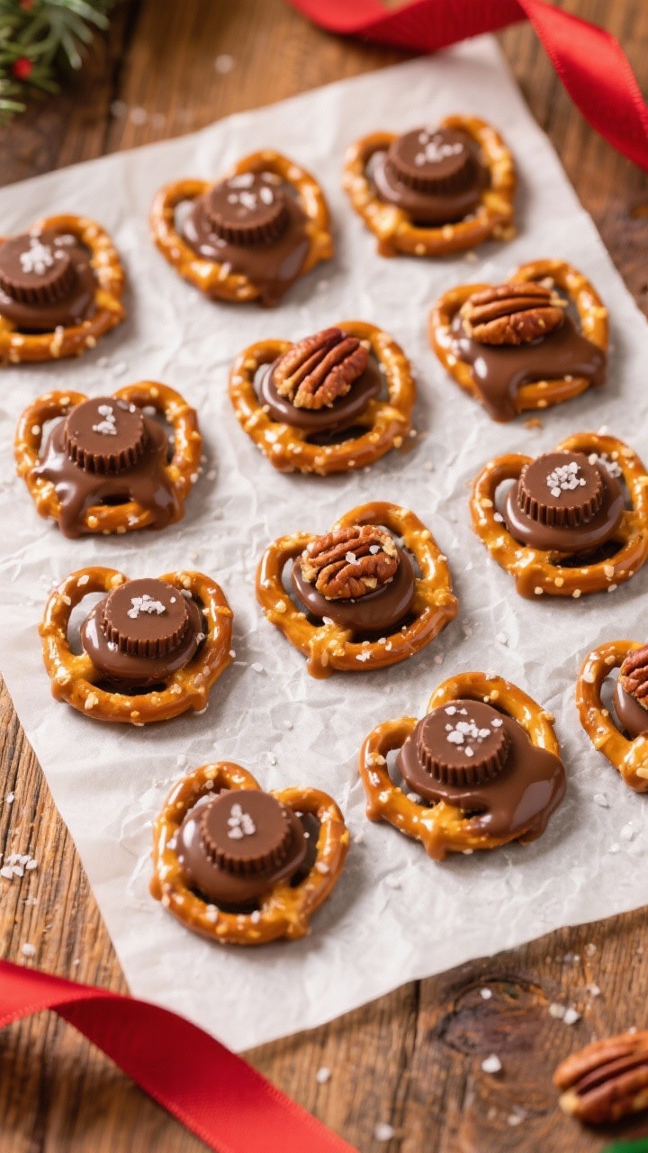 Overhead flat lay of salted caramel pretzel turtles on a sheet of parchment: neat grid of mini pretzels topped with melted Rolo candies and glossy toasted pecan halves, finished with delicate sea salt flakes; optional chocolate drizzle on a few for variation; warm wood surface and festive red ribbon for subtle holiday touch.