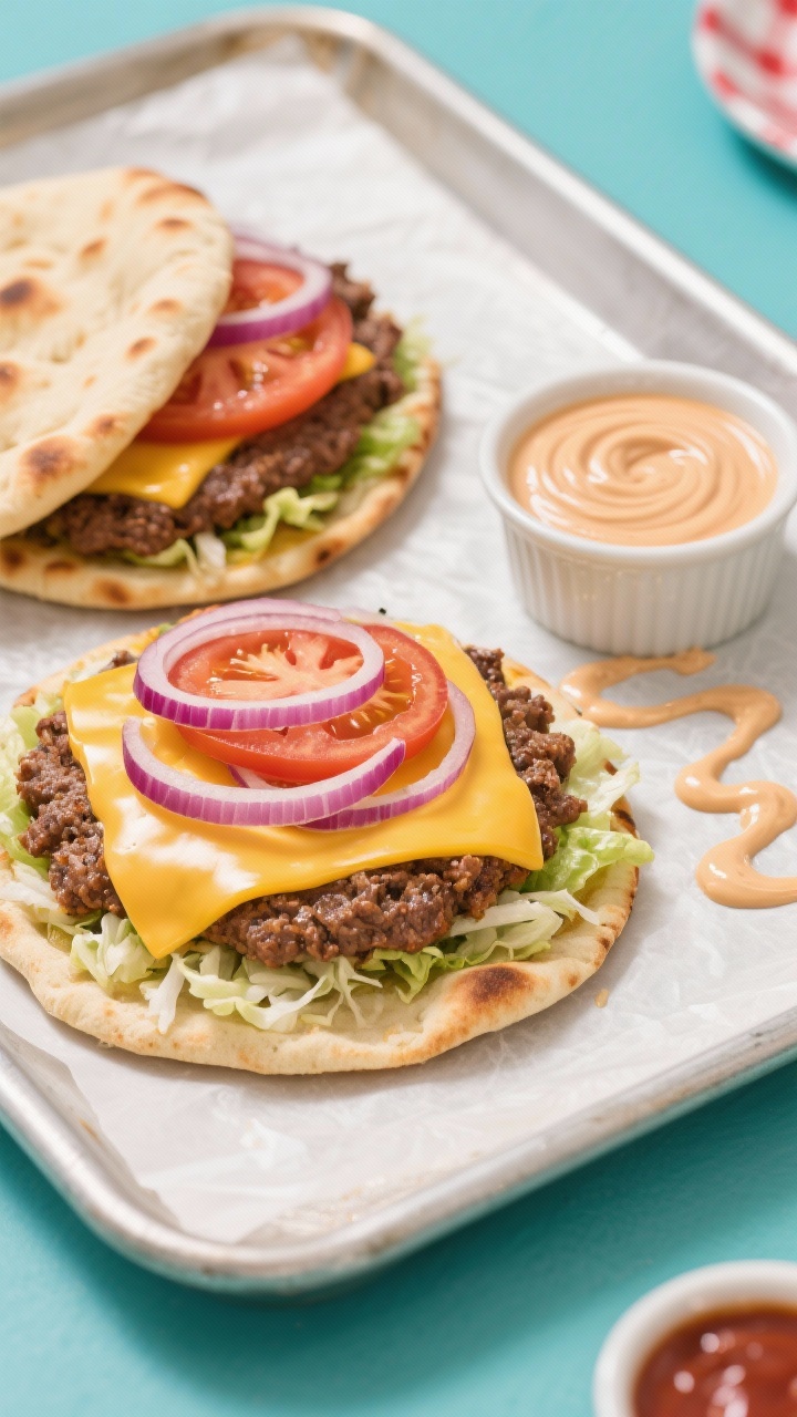 9 Leftover Ground Beef Dinners Ready in Under 20 Minutes You’ll Crave Overhead flat-lay of smash-burger flatbreads: naan topped with a layer of cooked ground beef, melted cheddar/American-style cheese, thin red onion, juicy tomato slices, and shredded iceberg or romaine; a ramekin of “special sauce” drizzled over in swirls, extra sauce smeared artfully on the side, crisp edges on the flatbreads, bright diner-inspired color palette on parchment-lined sheet pan.