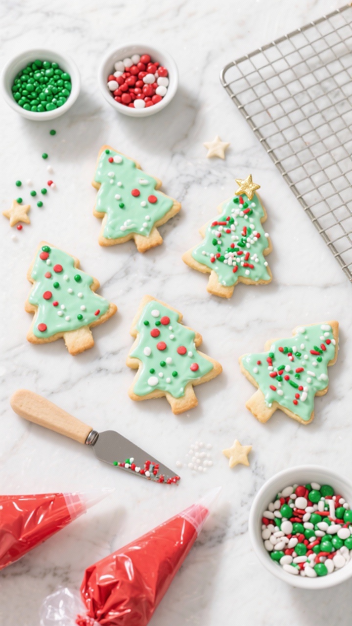 Overhead flat lay of Sprinkle-Dipped Christmas Tree cookies in a decorating scene: triangular sugar cookies (all-purpose flour, baking powder, fine salt, unsalted butter, granulated sugar, egg, vanilla extract) coated in pale green icing and dipped in assorted holiday sprinkles; piping bags, bowls of red/white/green nonpareils, and star sprinkles for tree toppers; a marble surface with a small offset spatula and cooling rack; bright, playful styling that highlights kid-friendly DIY decoration.