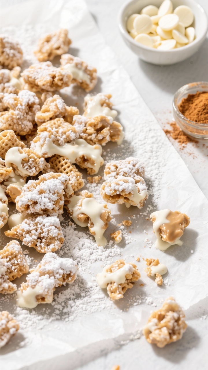 Overhead flat lay of Sweet-and-Salty Pumpkin Spice Puppy Chow cooling on parchment: rice Chex coated in melted white chocolate, peanut butter, and butter, dusted heavily with powdered sugar and pumpkin pie spice; bowls of white chocolate chips, vanilla extract, and extra spice nearby; a few clusters broken to show texture; bright, clean lighting, high contrast to emphasize powdered coating.