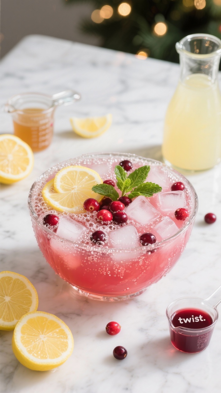 Overhead flat lay of the Classic Merry Berry Lemonade Punch with a sparkling twist: a clear glass punch bowl filled with icy pink-red punch made from fresh lemon juice, simple syrup, chilled cranberry juice, and chilled lemonade, topped with plenty of sparkling water bubbles for the “twist.” Garnish with thin lemon wheels, fresh cranberries, and mint sprigs floating among ice cubes. Surround with halved lemons, a small jar of simple syrup, a measuring cup labeled cranberry juice, and a carafe of lemonade on a white marble surface with soft holiday bokeh lights in the background. Bright, crisp lighting, high contrast, no people.