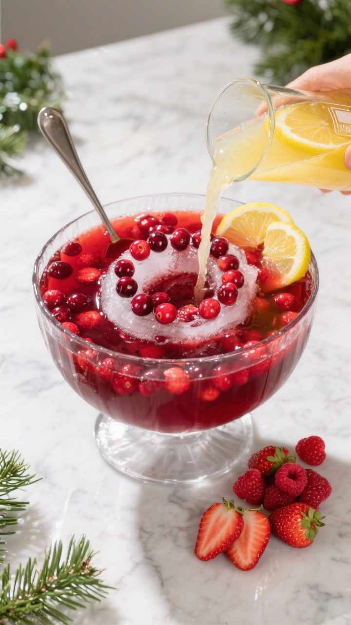 Overhead flat lay of the Classic North Pole Ruby Punch being assembled: a large clear glass punch bowl on a white marble surface with visible layers of 100% cranberry juice, deep-red pomegranate juice, and a glossy mixed berry puree (strawberry and raspberry, strained for smoothness), with a bright splash of fresh lemon juice being poured from a small glass beaker; include a ladle, ice ring studded with cranberries and lemon slices, and garnishes of fresh raspberries and strawberry slices on the side; vibrant ruby tones, crisp reflections, holiday greenery tucked at the frame edges; professional studio lighting emphasizing clarity and jewel-like color.