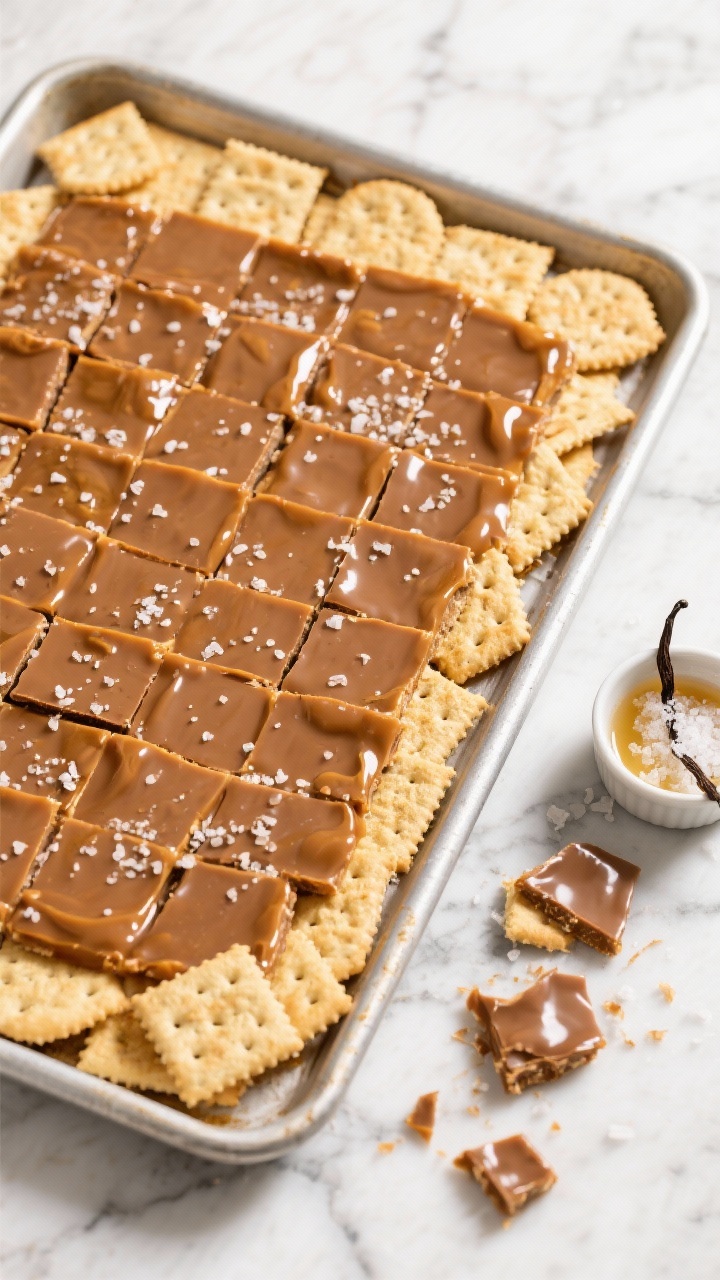 Overhead flat lay of The Classic Sea Salt Cracker Toffee: a 10x15-inch sheet pan fully lined with 30–40 salted butter crackers (Saltines), glossy amber toffee layer made from unsalted butter and packed light brown sugar, finished with a thin veil of melted chocolate and a sprinkle of flaky sea salt; include a small dish of pure vanilla extract and a ramekin of sea salt flakes on the side, with broken, irregular toffee shards showing glassy snap and salt crystals sparkling; bright, clean light on a cool marble surface, crisp textures emphasized.