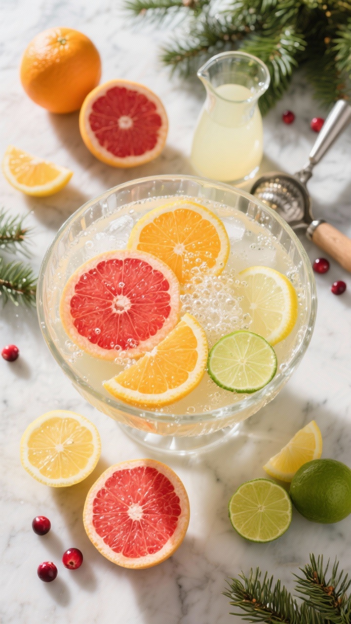 Overhead flat lay of the Classic Sparkling Citrus Punch in a clear glass punch bowl packed with ice, garnished with thin wheels of orange, ruby red grapefruit, lemon, and lime; small bubbles from sparkling water catching light. Surround the bowl with the exact fresh ingredients used: whole oranges (some halved), ruby red grapefruit halves, cut lemons and limes, a small carafe of simple syrup, and a citrus reamer on a marble surface. Bright, sunlit holiday mood with subtle evergreen sprigs and a few cranberries scattered for festive color; clean highlights, crisp reflections, no people.