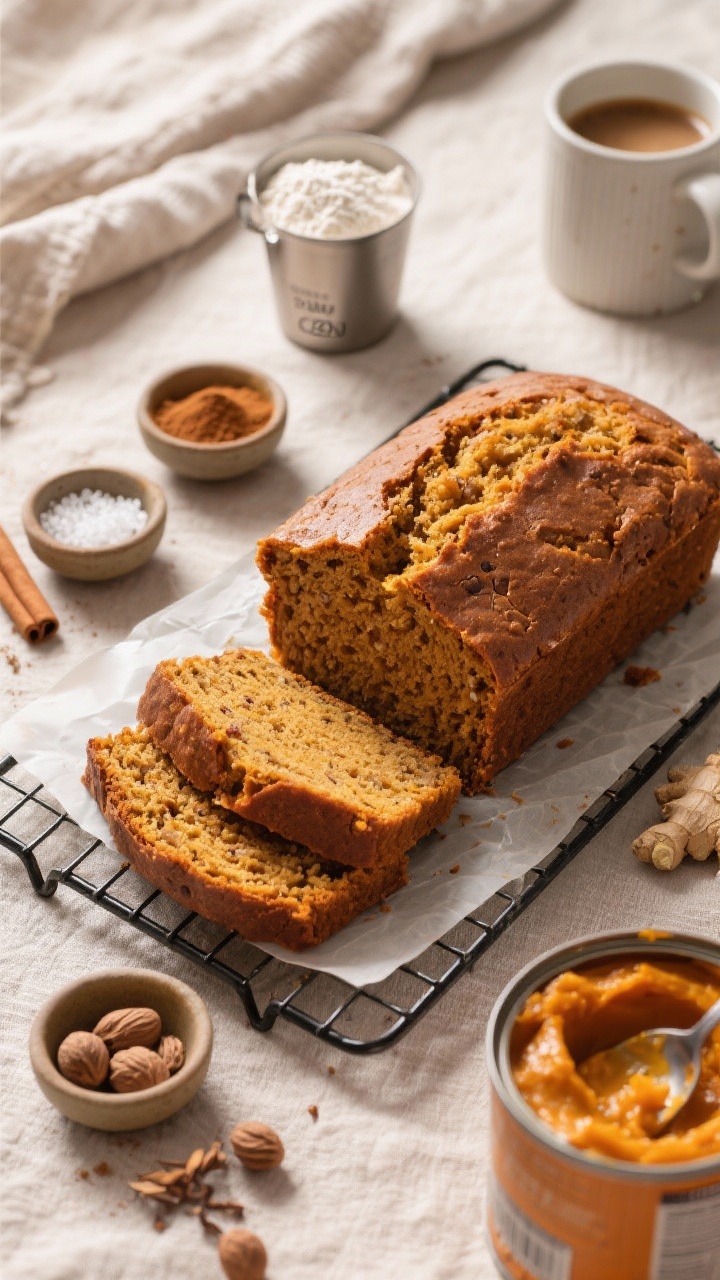 Overhead flat lay of The Cozy Classic Pumpkin Bread just sliced on a cooling rack over parchment: a warmly browned loaf with a tender crumb, visible specks of cinnamon and nutmeg, and a fine crackly top. Surround with small bowls of ground cinnamon, nutmeg, and ginger; a ramekin of fine sea salt; measured flour in a metal cup (220 g), baking soda and baking powder in tiny pinch bowls; and a can of pumpkin puree partly spooned out. Cozy weekend mood with a soft linen, warm light, and a cup of coffee nearby; no people, sharp detail on moist texture.