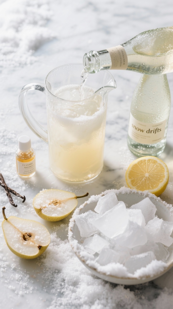Overhead flat lay of the Frosted Pear Sparkler With Vanilla Snow Drifts being assembled: a clear glass pitcher half-filled with chilled pear juice and white grape juice, with a small vial of pure vanilla extract and a cut lemon alongside; a bottle of sparkling water ready to pour, and a bowl of crushed ice “snow drifts” and pear slices dusted with fine sugar crystals; cool wintery palette of pale golds and whites on a frosty marble surface, condensation on glassware, minimal props to emphasize the effervescent, alcohol-free sparkle.