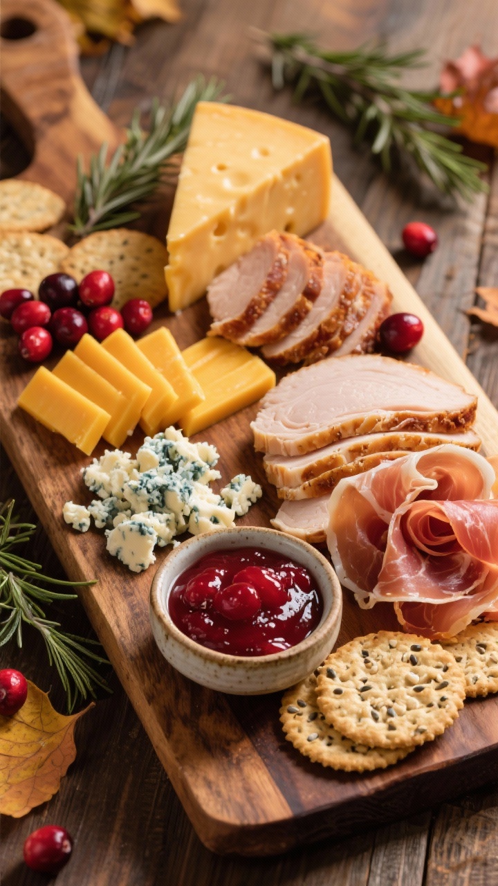 Overhead flat lay of the Heritage Harvest Board: aged sharp cheddar cut into neat batons, smoked gouda slices fanned, crumbled blue cheese (Gorgonzola or Stilton) in a small ceramic bowl, thinly sliced prosciutto folded into ribbons, sliced deli-style turkey breast layered, paired with ruby cranberry sauce and seeded crackers on a rustic wooden board; autumnal styling with scattered fresh cranberries, rosemary sprigs, and a warm, cozy Thanksgiving color palette—golden yellows, cranberry reds, and deep browns; soft window light, shallow depth for appetizing texture on cheese rinds and marbling of prosciutto.