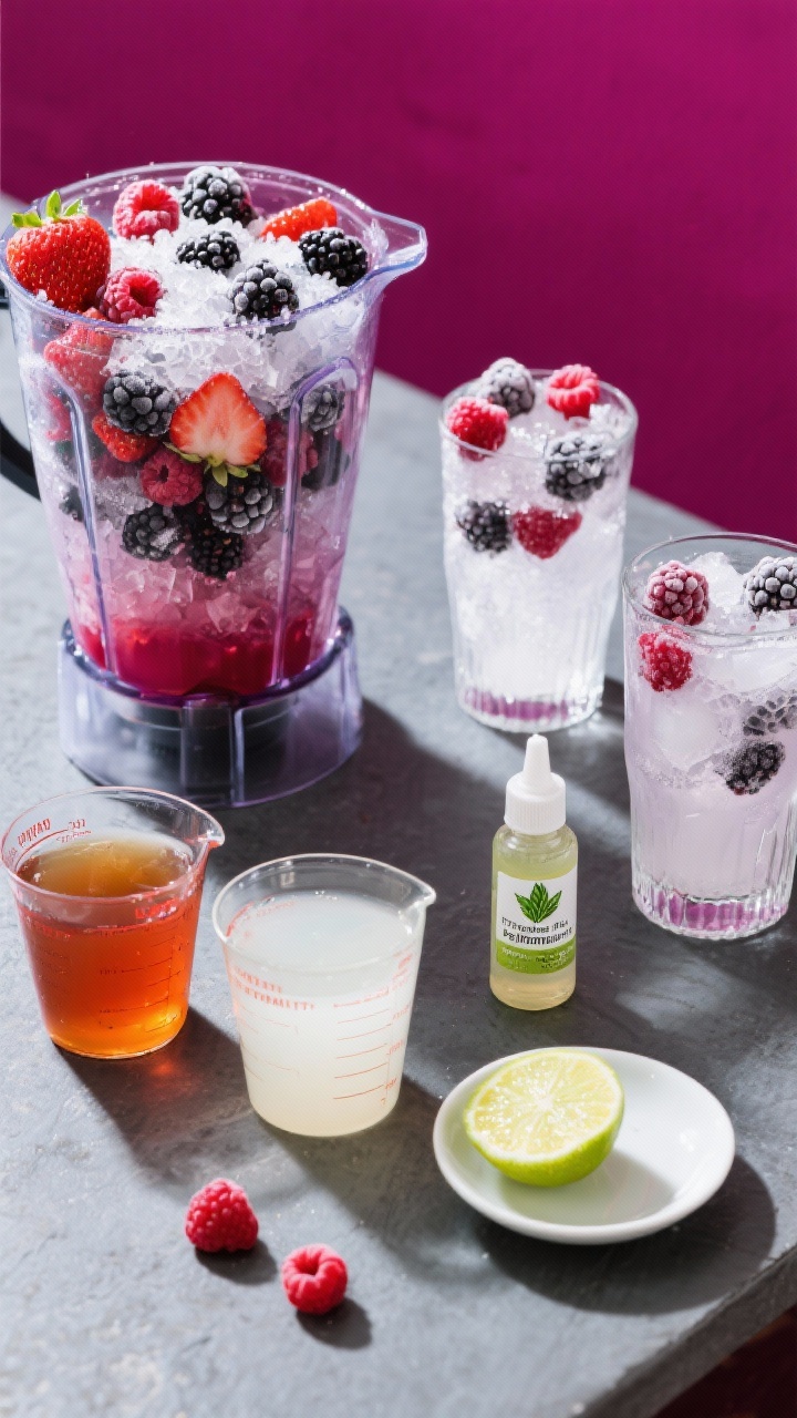 Overhead frozen-ingredient prep shot: a blender jar packed with frosty mixed berries (raspberries, strawberries, blackberries) dusted with ice crystals, plus measured cups of apple juice and white grape juice ready to pour, a small dish of fresh lime juice, and a dropper bottle labeled peppermint extract. Nearby, tall chilled glasses each holding a few frozen berries and crushed ice, ready for the Frosted Peppermint Berry Fizz. Vibrant jewel-tone palette—magenta, crimson, deep purple—set on cool slate with bright, directional light to make the berries pop; clean, modern styling.