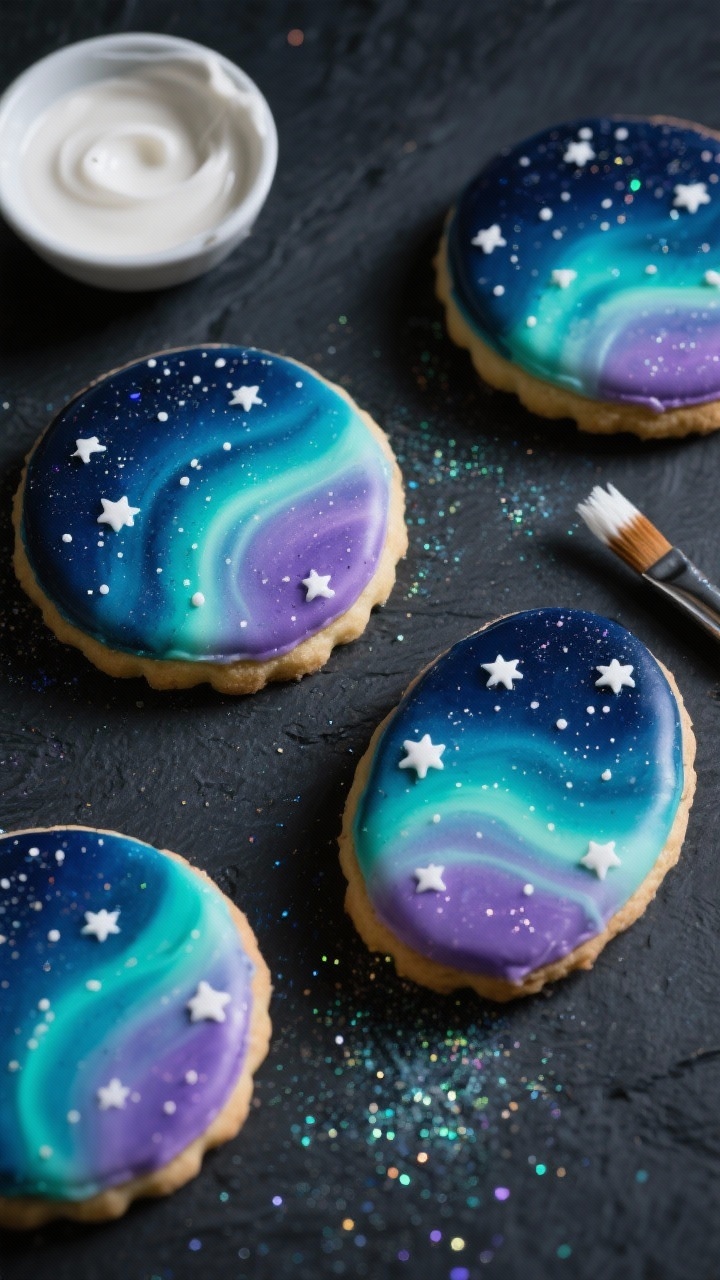Overhead galaxy-gradient Northern Lights Night Sky cookies: round and oval cookies iced with a smooth ombré fade of midnight blue, teal, and violet, speckled with white star splatters and delicate aurora sweeps; a fine brush and a tiny bowl of white icing paint visible; dark slate background to intensify the celestial colors; shimmering edible glitter for a subtle night-sky glow.
