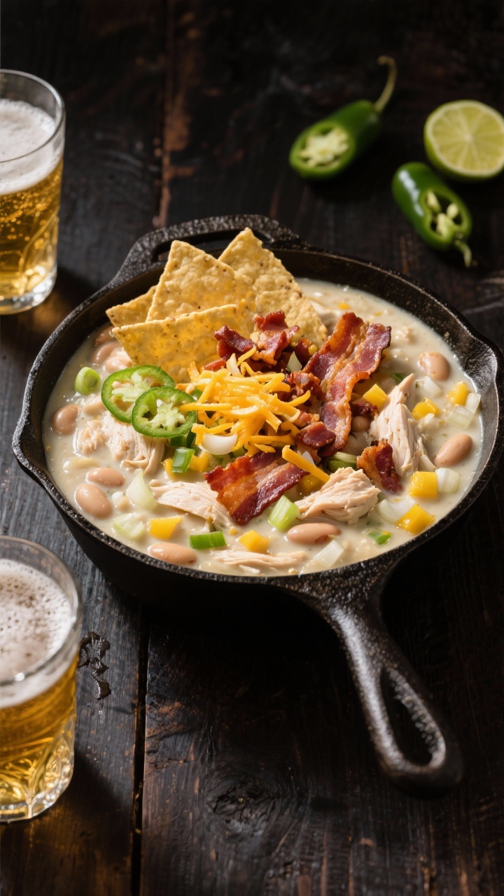 Overhead game-day spread for “White Chicken Chili With Bacon and Beer”: a cast-iron pot of creamy white chicken chili made with chicken breasts, great northern beans, diced yellow onion, garlic, crisped thick-cut bacon folded in, and lager/ale for depth; topped with extra bacon crumbles, shredded cheddar, scallions, and crushed tortilla chips; set on a dark wood table with frosty beer glasses, jalapeño slices, and lime wedges nearby; high-contrast lighting highlighting golden bacon, creamy white chili, and bubbly sheen for a hearty, festive feel.