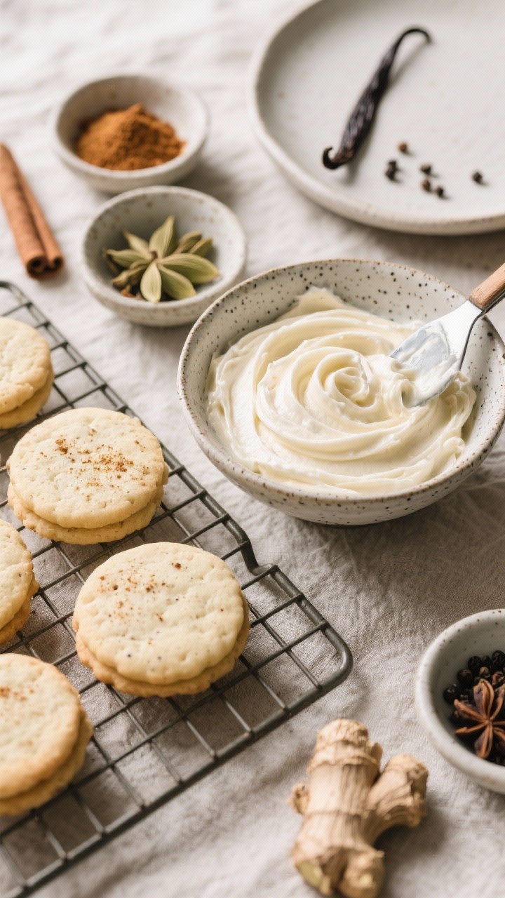 Thanksgiving Cookies That’ll Steal the Show From the Pie Overhead ingredient-and-assembly scene for Chai-Spiced Sugar Cookies with Vanilla Bean Frosting: a cooling rack with pale, soft sugar cookies sprinkled lightly with chai spice, nearby a bowl of speckled vanilla bean frosting being swirled with an offset spatula; small dishes of ground cardamom, cinnamon, ginger, cloves, and black pepper to signal chai profile; a split vanilla bean and tiny seeds visible in the frosting; neutral linen, matte ceramic props, diffused daylight, focus on spice colors and creamy frosting swirls.