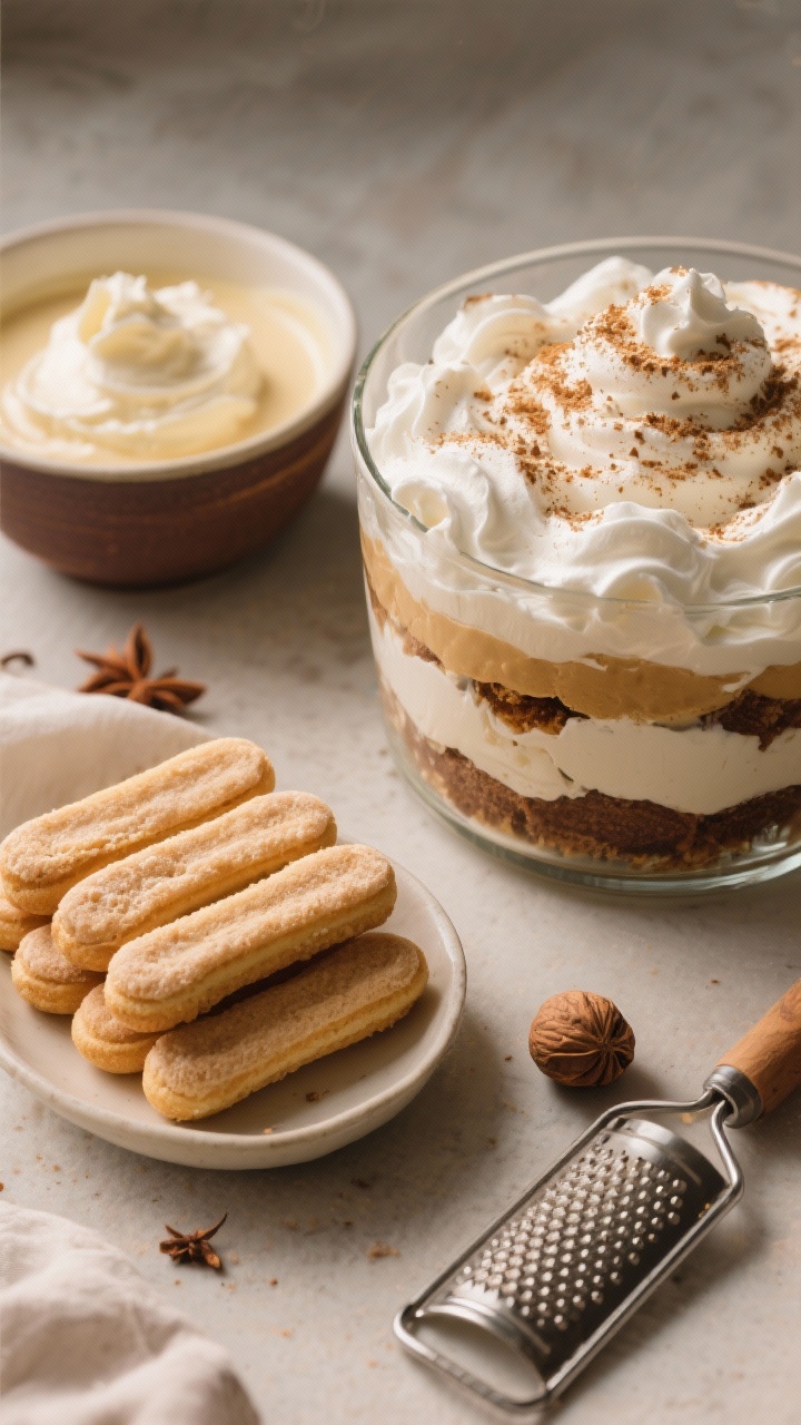 Overhead ingredient-and-assembly scene for Eggnog Tiramisu Trifle with Nutmeg clouds: ladyfingers neatly arranged beside a shallow dish of chilled eggnog mixed with dark rum/bourbon, a bowl of mascarpone folded into softly whipped heavy cream; layers in a glass dish partially assembled, with a dusting of freshly grated nutmeg creating “clouds” atop; include a microplane and a whole nutmeg; warm cream and tan palette, soft directional light, tight composition highlighting soaked ladyfinger texture and pillowy cream.