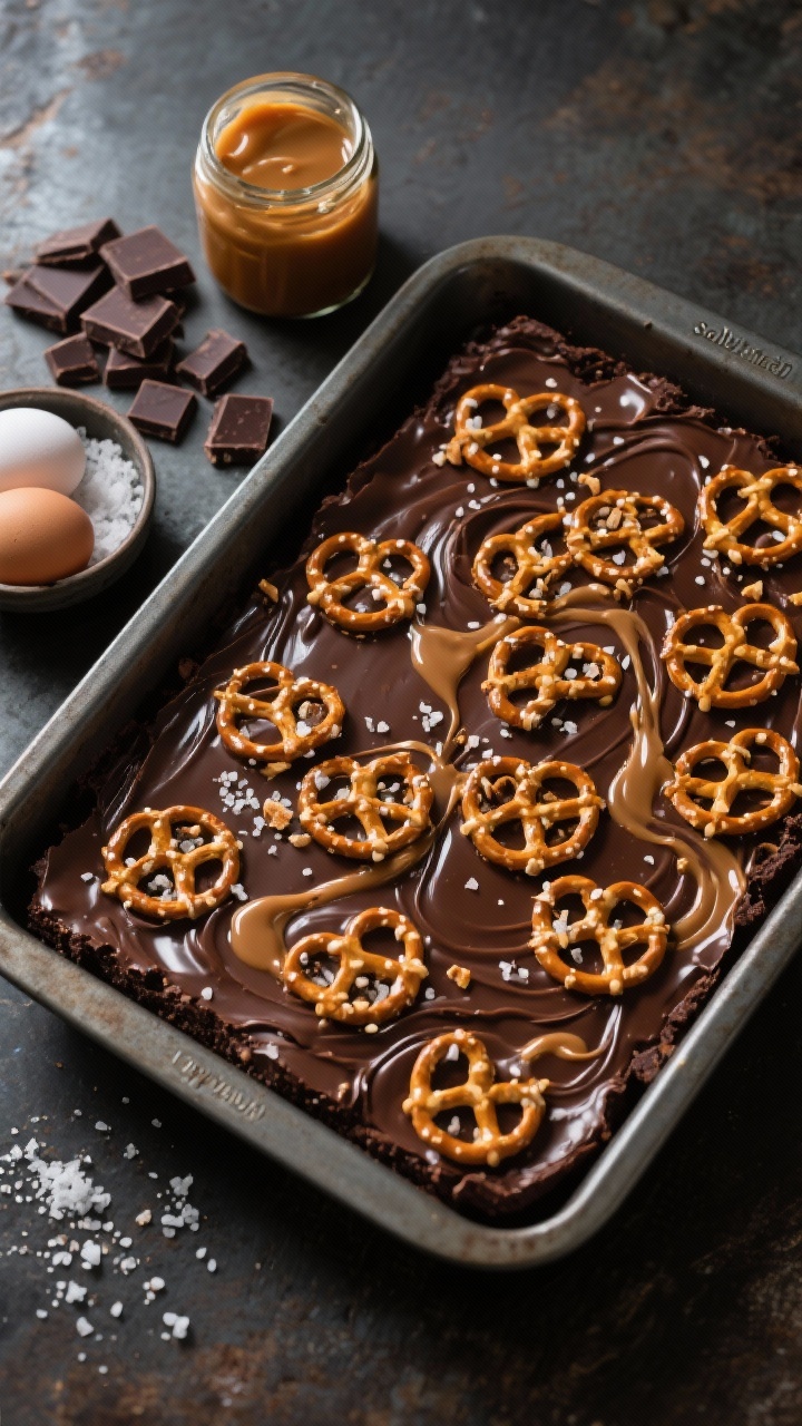 Overhead ingredient and assembly shot for Salted Caramel Pretzel Brownie Slab: a pan filled with glossy semi-sweet chocolate brownie batter swirled with gooey salted caramel puddles, topped with crunched salted pretzels arranged in a casual mosaic; nearby are chopped semi-sweet chocolate, a jar of caramel, flaky sea salt pinch bowl, and room-temp eggs; high-contrast lighting to highlight caramel shine, pretzel salt crystals, and rich batter depth, styled on a dark metal surface.