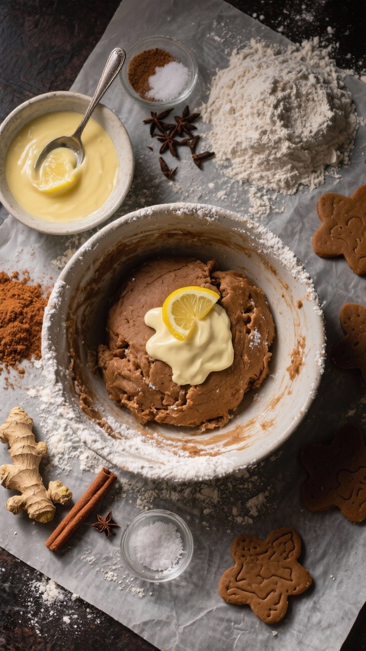 Overhead ingredient-and-dough prep scene for Gingerbread-Spiced Sugar Cookies: a mixing bowl of spiced dough dusted with flour, surrounded by measured piles of ground cinnamon, ginger, nutmeg, cloves, baking powder, fine salt, and all-purpose flour; zesty contrast bowl of lemon icing nearby with a spoon trail; a few cut cookie shapes on lightly floured parchment; moody, cozy lighting emphasizing rich brown dough and bright lemon icing.