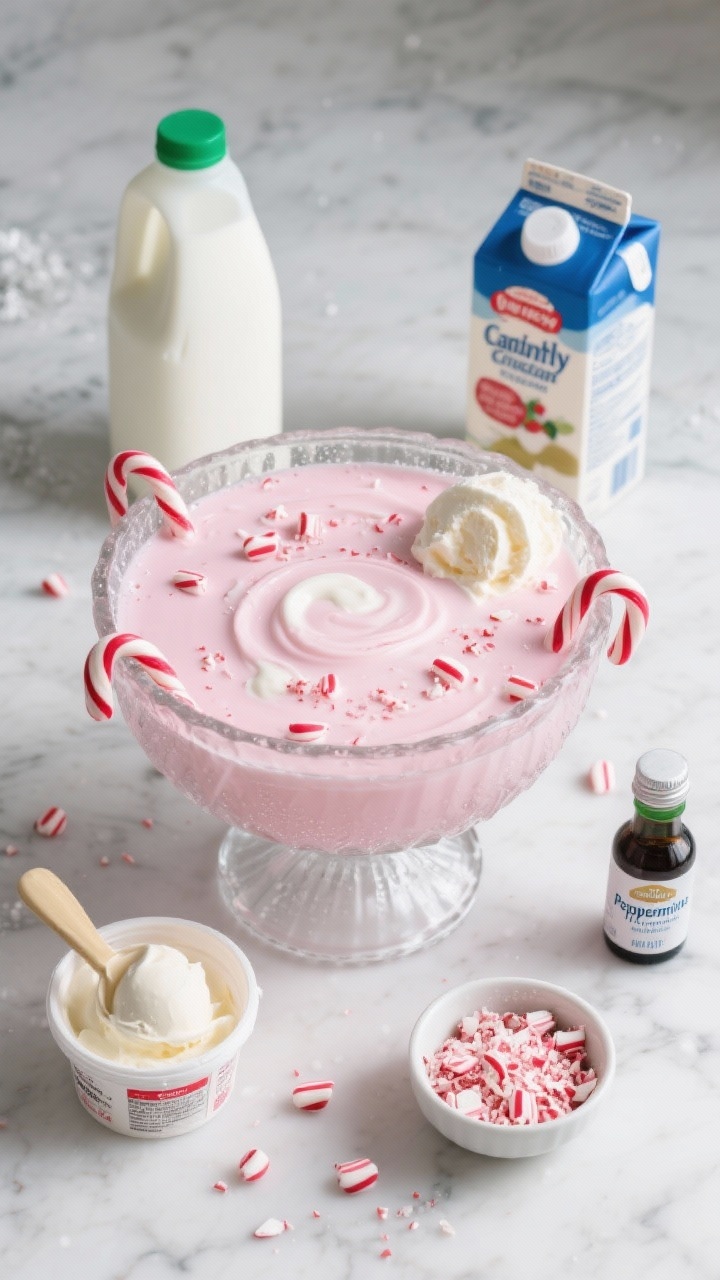 Overhead ingredient-and-finish combo shot: a frosty glass punch bowl filled with pale pink Candy Cane Cream Punch, velvety from cold whole milk, half-and-half, and softened vanilla ice cream, with a glossy swirl and tiny pools of melted cream; crushed peppermint candies speckled throughout and extra mini candy canes hooked on the rim. Surround the bowl with a flat lay of the key ingredients—cartons of milk and half-and-half, a tub of vanilla ice cream with a soft scoop, a small bowl of crushed peppermint, and a bottle labeled peppermint extract. White marble surface, cool winter light, light condensation on the bowl, candy cane shards scattered for sparkle, no people.