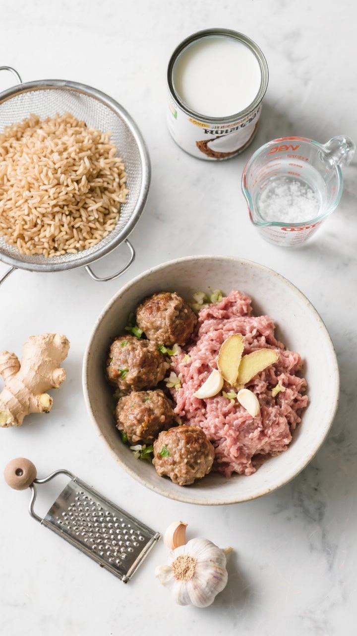 Overhead ingredient-and-prep flat lay for ginger-garlic turkey meatball bowls with coconut brown rice: rinsed brown jasmine rice in a strainer beside an open can of light coconut milk and a measuring cup of water with a pinch bowl of kosher salt; a mixing bowl of lean ground turkey dotted with 2 teaspoons grated fresh ginger and minced garlic, ready to form meatballs; styled on a clean slate surface with a microplane, ginger knob, and garlic cloves; soft, bright lighting for a fresh, weeknight-prep mood.