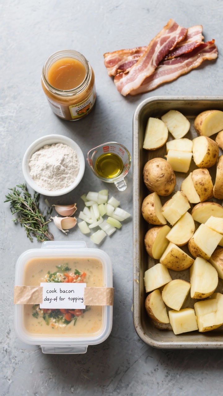 Overhead ingredient-and-prep flat lay for meal-prep loaded baked potato soup on a cool gray surface: diced onion, minced garlic, dried thyme, flour in a small ramekin, measured olive oil, labeled jars of chicken and vegetable broth, peeled and evenly cubed potatoes in a sheet pan, and a freezer-safe quart container with masking-tape label; a small note “cook bacon day-of for topping” next to uncooked bacon set aside; neat mise en place, practical and professional, emphasizing freezer-friendly organization.