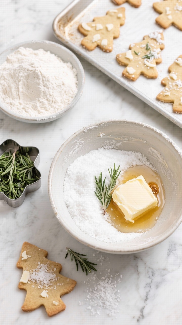 Overhead ingredient-and-prep scene for rosemary honey shortbread trees: softened unsalted butter (1 cup/225 g) in a mixing bowl with powdered sugar (1/2 cup), honey (1/4 cup), and vanilla extract (1 tsp) mid-cream; sifted all-purpose flour (2 1/4 cups/280 g) and fine salt (1/2 tsp) nearby; finely chopped fresh rosemary (1 1/2 tsp) sprinkled over the dough; tree-shaped cookie cutters, a tray of cut dough “trees,” cooled baked cookies dusted with shaved white chocolate “snow,” and a pinch of flaky sea salt ready to finish; bright, clean light on a marble surface for a crisp festive mood.