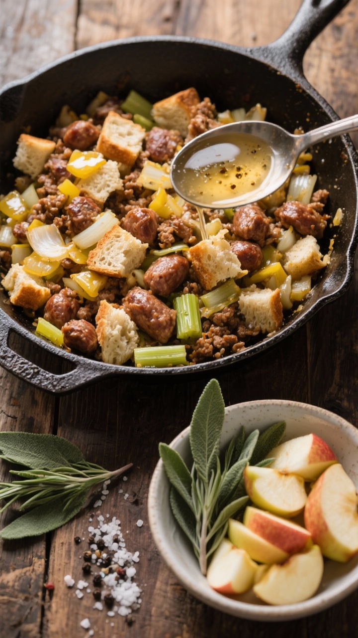 Overhead ingredient-and-prep scene for sausage, apple, and sage stuffing in a large skillet and mixing bowl: browned Italian sausage crumbles, sautéed diced yellow onion and celery glistening in butter, torn day-old country bread cubes (about 1-inch), fresh sage leaves, and chopped apples ready to fold in. A ladle of broth just about to be poured, with flecks of black pepper and kosher salt visible. Rustic wooden surface, minimal props, emphasizing moist, savory textures and aromatic herbs.