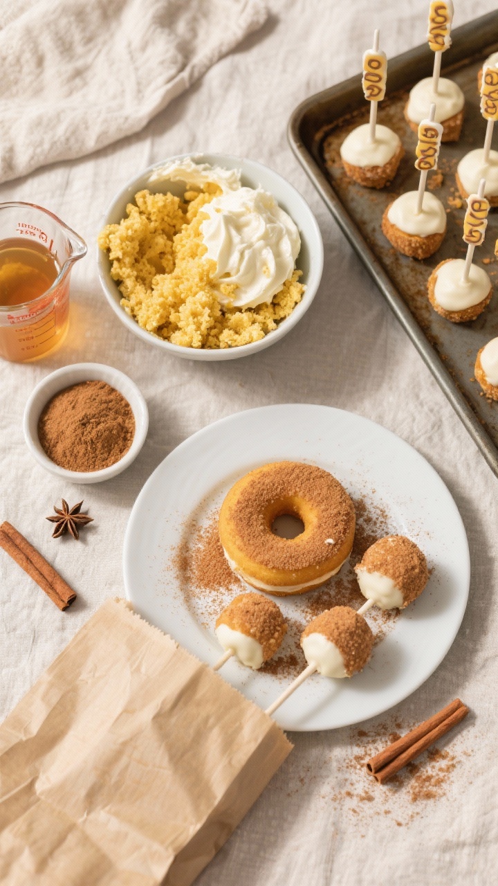 Overhead ingredient-and-process flat lay for Apple Cider Donut cake pops: bowl of yellow cake crumbs mixed with vanilla frosting, a measuring cup of apple cider, ground cinnamon and nutmeg in pinch bowls, rolled cake balls on a baking sheet, and finished pops coated in cinnamon sugar using white chocolate as a base. Include a paper bag-style plate of “donut” pops dusted generously with cinnamon sugar, some extra cinnamon sprinkled around. Cozy autumn vibe, neutral linens, soft natural light.