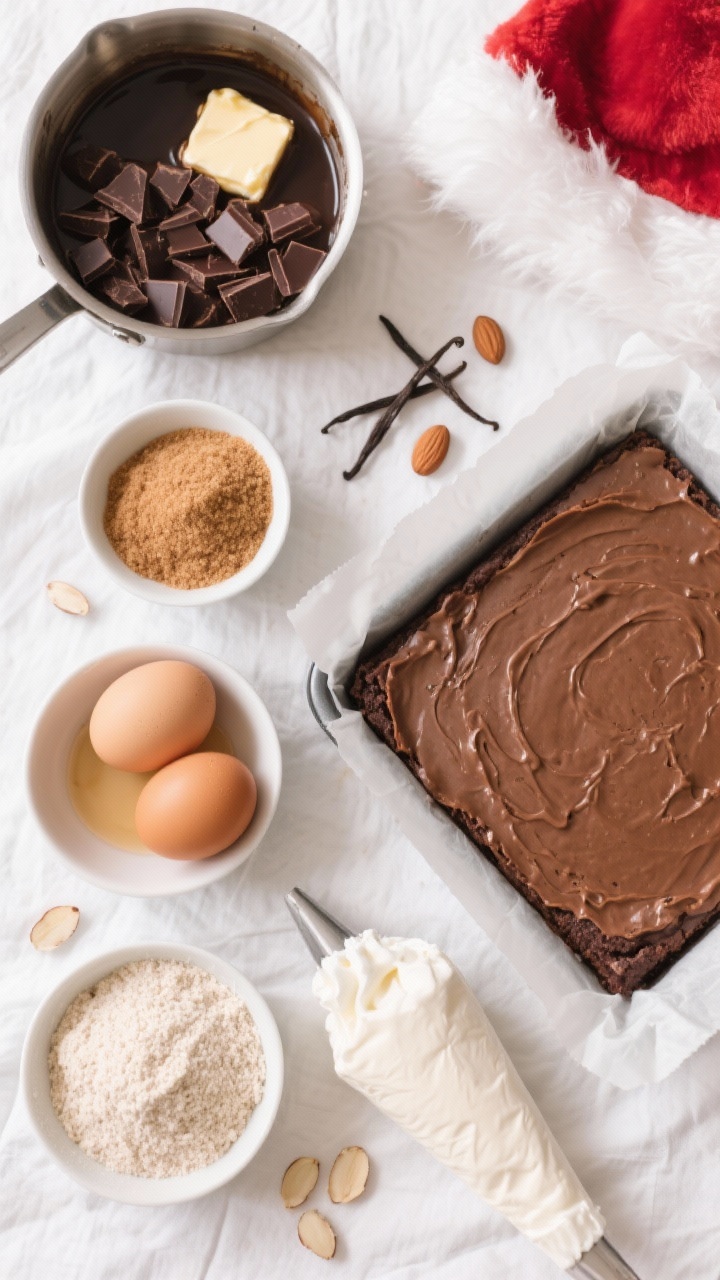 Overhead ingredient-and-process flat lay for gluten-free almond brownies: chopped dark chocolate (60–70%) melting with unsalted butter in a saucepan, bowls of granulated and brown sugar, three room-temp eggs, vanilla, almond extract, and almond flour (gluten-free base) arranged neatly; to the side, a parchment-lined pan with batter being smoothed, and a piping bag ready for “snowy vanilla clouds” frosting to later mimic Santa hat fur; light, airy styling with white linens and a few sliced almonds for garnish; clean, editorial lighting.