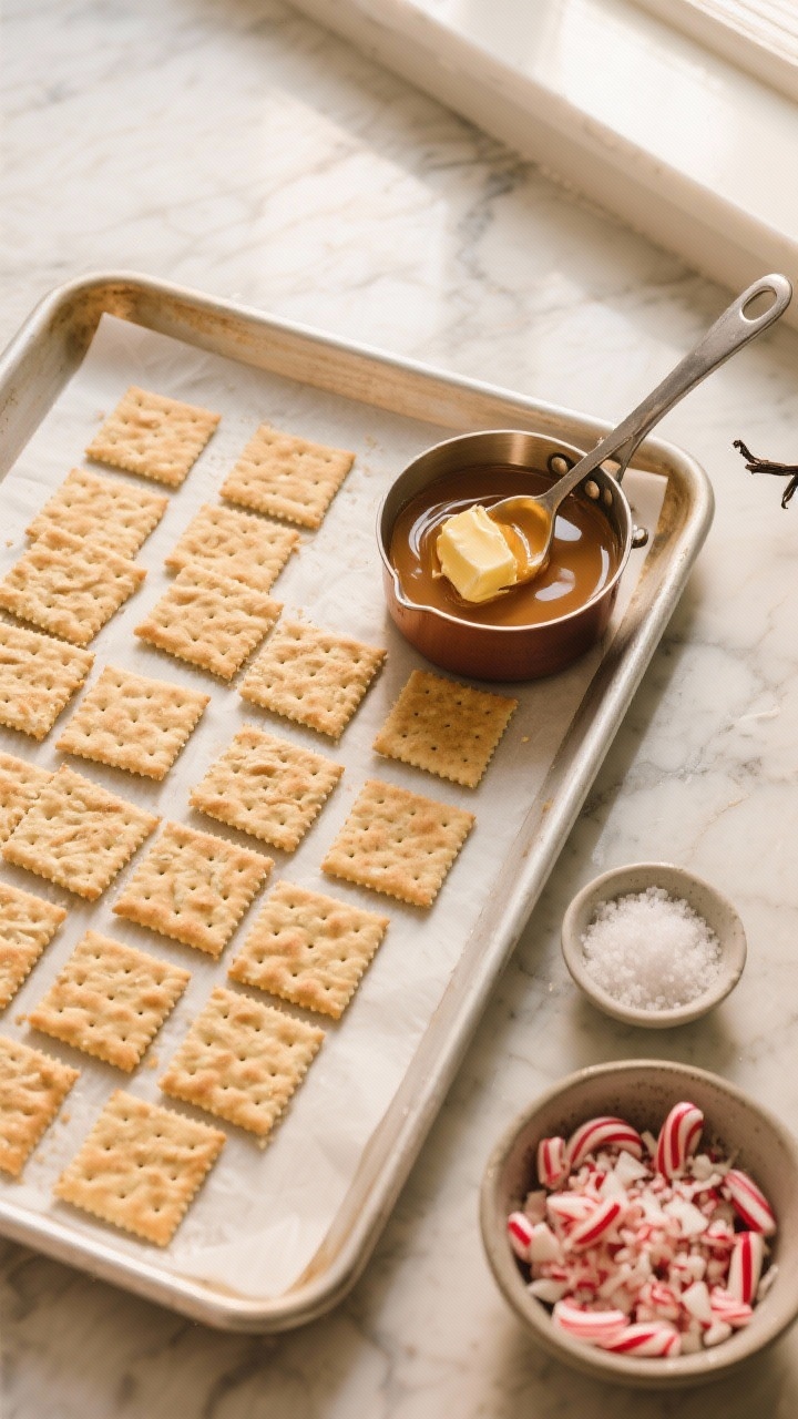 Overhead ingredient-and-process shot: a 10x15-inch sheet pan lined with parchment and tightly tiled with 40–45 square saltine crackers, a small saucepan of melted unsalted butter and packed light brown sugar bubbling into toffee, a spoon hovering with pure vanilla extract, a pinch bowl of fine sea salt, and a bowl of crushed peppermint candy ready to sprinkle; warm holiday tones, marble countertop, natural window light, crisp textures emphasizing the future “shatters like holiday glass” effect.