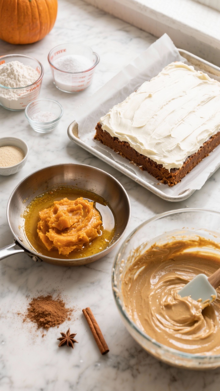 Overhead ingredient-and-process shot for Brown Butter Pumpkin Sheet Cake With Maple Cream Cheese Frosting: a parchment-lined rimmed sheet pan beside a stainless skillet with browned butter (golden brown milk solids visible), a bowl of pumpkin puree, measured cups of all-purpose flour, baking powder, baking soda, fine sea salt, ground cinnamon, and ground ginger, plus a mixing bowl with batter mid-stir. Separate bowl of maple cream cheese frosting with a spatula swirl; warm, autumnal color palette, cinnamon dust on marble surface, soft window light, professional, no people.