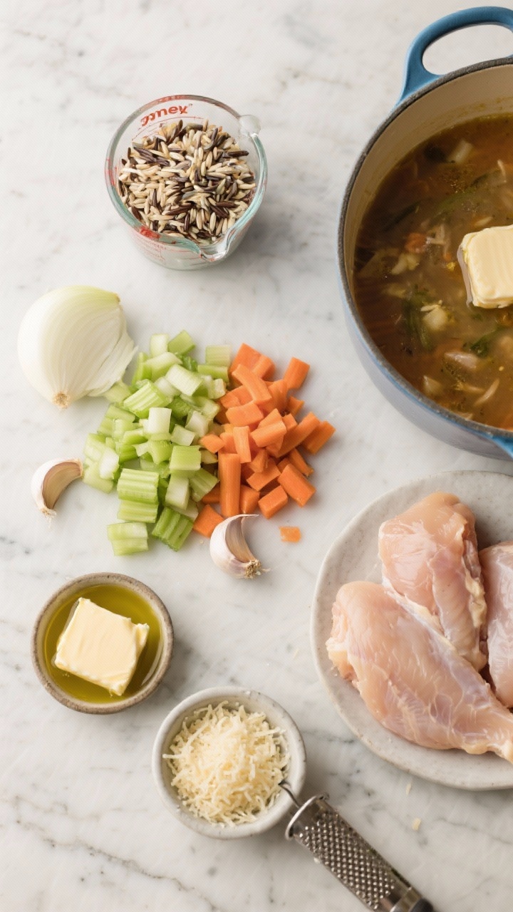 Overhead ingredient-and-process shot for Garlic Parmesan Chicken & Wild Rice Soup: a pre-cooking flat lay on a marble surface showing a small diced onion, a generous mound of minced garlic, diced celery and carrots, a measured cup of uncooked wild rice, a knob of unsalted butter, a small bowl of olive oil, grated Parmesan piled high with a microplane, and raw chicken pieces; a Dutch oven with butter just melting in the corner; neutral props, clean composition, bright yet cozy light to convey savory richness to come, no people.