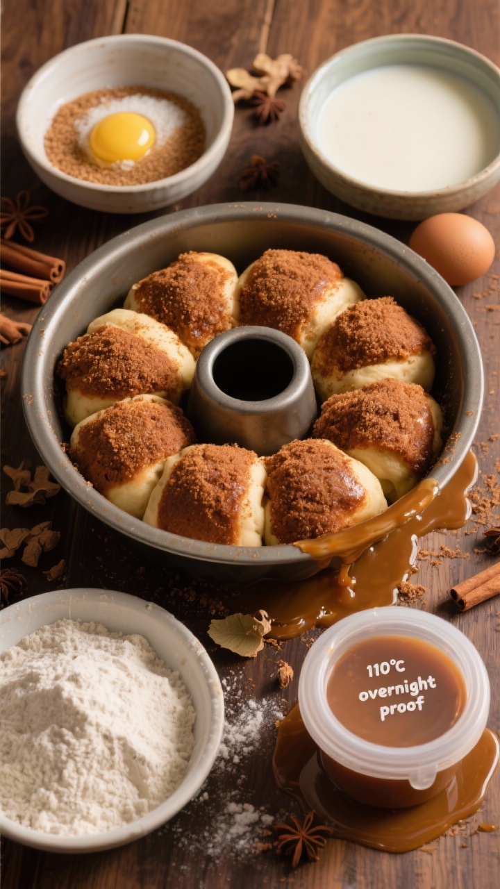 Overhead ingredient and process shot for Gingerbread Pull-Apart Monkey Bread (overnight option): a bundt pan partially filled with dough balls rolled in spiced brown sugar, with visible gingerbread spice mix (ground ginger, cinnamon, nutmeg) scattered; show bowls of warmed milk (110°F), instant yeast blooming, sugar, an egg, melted unsalted butter, all-purpose flour, fine salt, and a small covered bowl labeled “overnight proof”; sticky caramel pooling lightly at the bottom, warm, aromatic tones on a walnut surface.