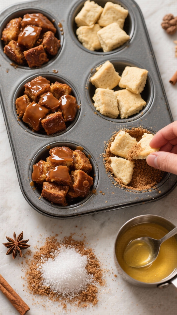 Overhead ingredient-and-process shot of gingerbread monkey bread minis in a muffin tin, half the wells filled with glossy, caramelized pull-apart nuggets and the other half mid-assembly. Display cut biscuit dough pieces being rolled in a spiced sugar mixture: granulated sugar mixed with ground ginger, cinnamon, cloves, nutmeg, and a pinch of salt. Include a small saucepan or bowl with melted butter for dunking. Warm, festive styling with subtle gingerbread hues and sticky, shiny glaze highlights.