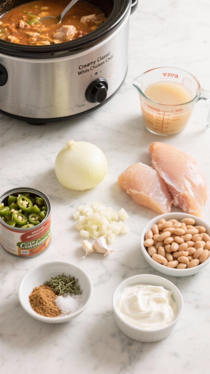 Overhead ingredient flat lay for “Creamy Classic White Chicken Chili”: raw boneless skinless chicken breasts, a diced medium yellow onion, minced garlic, two opened cans of drained and rinsed great northern beans, a small open can of diced green chiles with a spoon, chicken broth in a measuring cup, small bowls of ground cumin, oregano, salt, pepper, and a splash of cream/sour cream ready for later; arranged neatly on a light marble surface with a slow cooker crock centered, bright natural light, clean, inviting, creamy color palette.