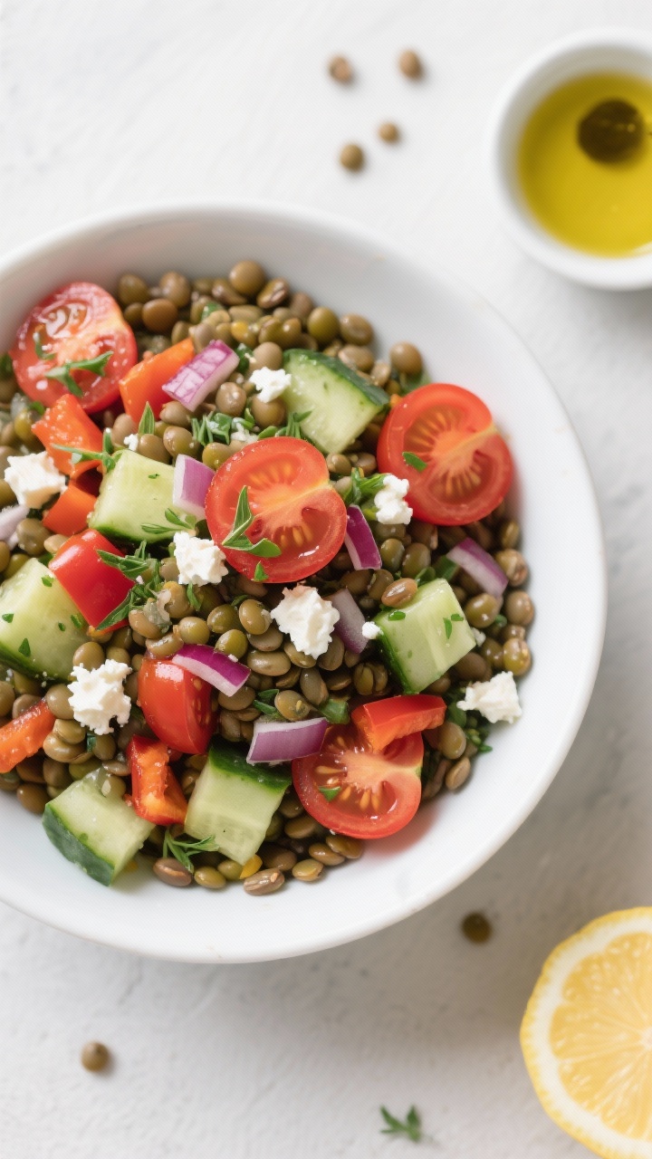 Overhead ingredient-forward bowl shot of a Mediterranean lentil chopped salad: cooled green/brown lentils tossed with chopped cucumber, quartered cherry tomatoes, chopped red bell pepper, finely minced red onion, and crumbles of feta; vibrant, juicy produce with visible moisture; presented in a wide white bowl with a small dish of olive oil and lemon off to the side; clean, bright Mediterranean vibe with fresh herbs sprinkled on top and a few tomato seeds on the surface for realism.