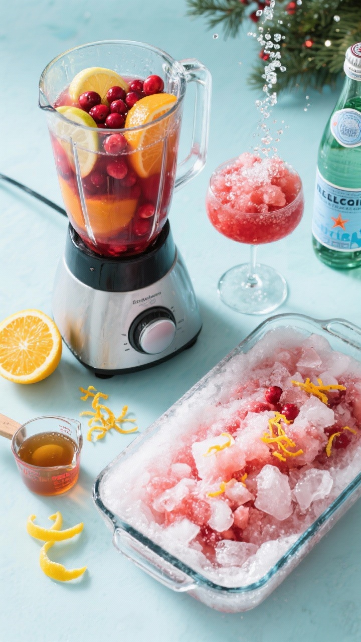 Overhead ingredient-prep and final blend scene for a holiday slush punch that doubles as dessert. A blender jar half-filled with cranberry juice, apple cider, orange juice, lemon zest and juice, and simple syrup; next to it, a frosty slush texture in a glass loaf pan. A chilled coupe poured with the slushy punch, topped with a splash of club soda (or prosecco) creating effervescent bubbles. Include lemon zest curls, measuring cup with syrup, and a bottle of club soda uncapped. Bright, playful styling, icy textures emphasized.