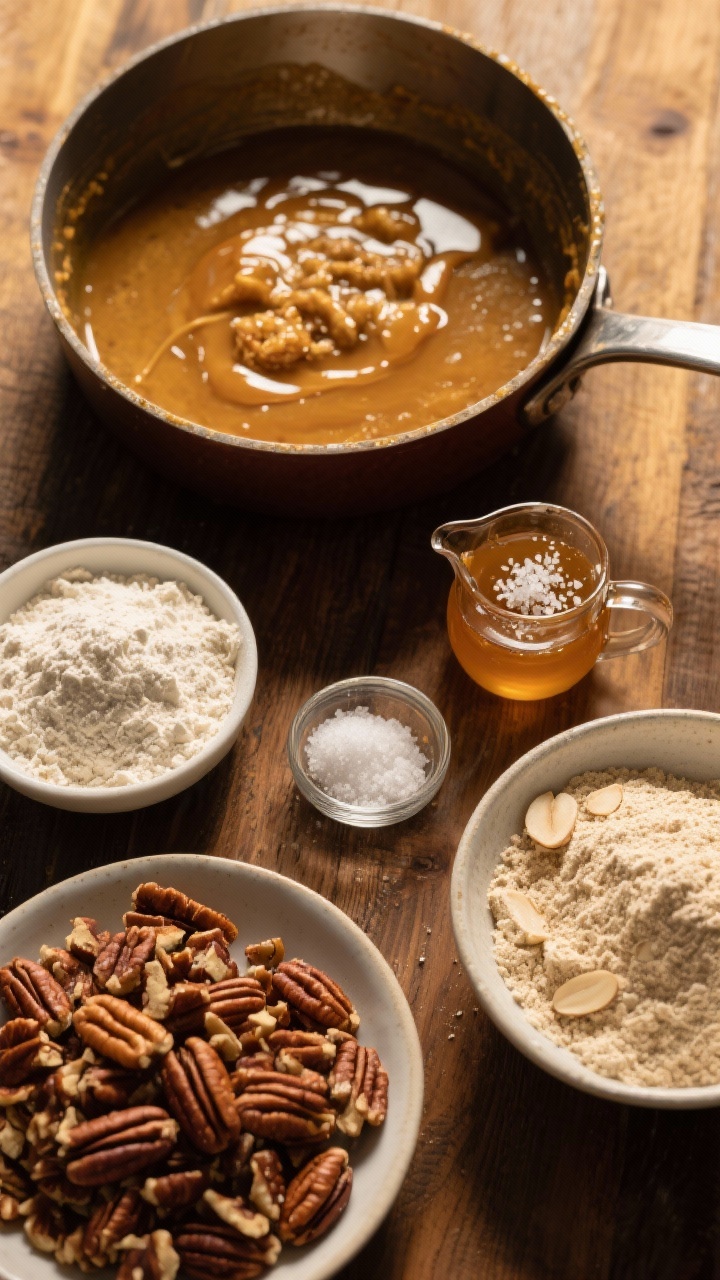Overhead ingredient-prep flat lay for a brown butter pecan snack cake with salted honey drizzle: a saucepan of nutty brown butter with toasty milk solids, bowls of all-purpose flour and almond flour, baking powder and baking soda, fine salt, a heap of chopped pecans, and a small pitcher of honey with flaky salt ready to sprinkle; warm wood surface, measured mise en place, moody golden light hinting at the rich, nutty flavor.