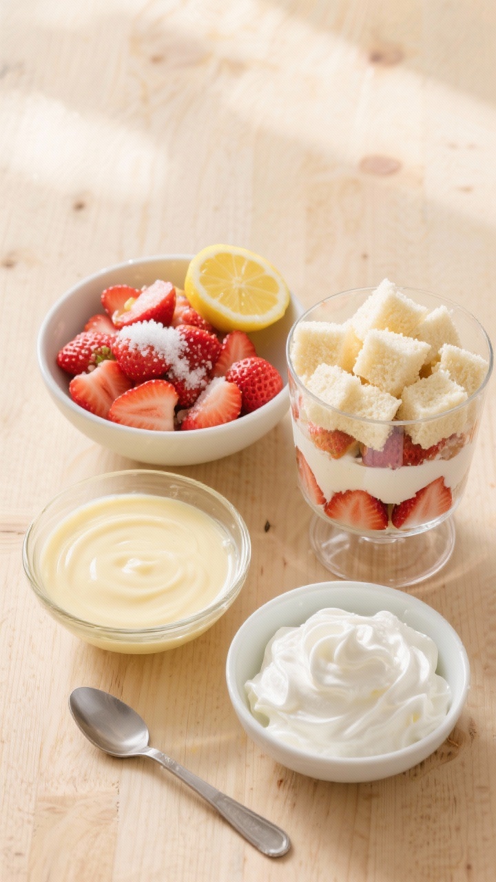 Overhead ingredient-prep flat lay for a kid-friendly strawberry shortcake trifle (no alcohol): cubed angel food or sponge cake, a bowl of sliced strawberries macerating with sugar and a squeeze of lemon juice (visible syrupy juices), a chilled bowl of vanilla custard, a separate bowl of softly whipped cream, and a clear trifle dish ready for assembly; bright, cheerful lighting on a light wood surface with a small spatula and spoon, clean and inviting, family-friendly mood.