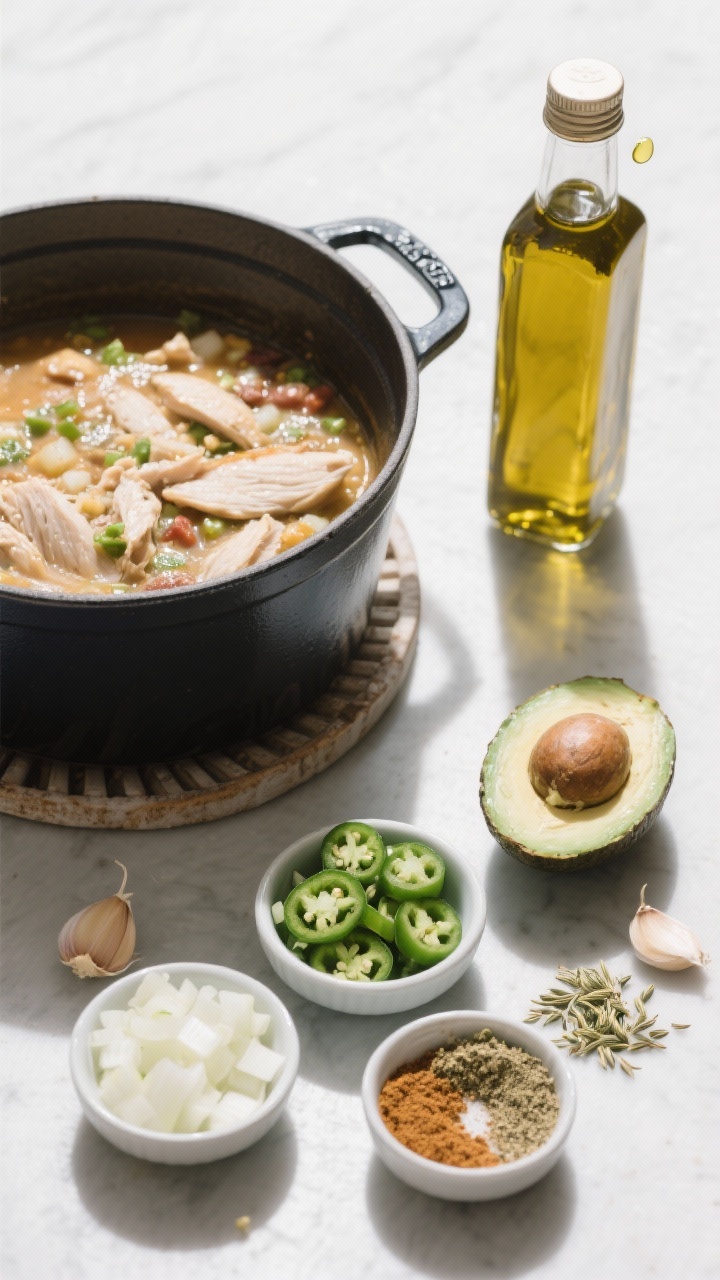 Overhead ingredient-prep flat lay for dairy-free white chicken chili: small bowls of diced onion, minced garlic, minced jalapeño (seeded for mild), ground cumin, ground coriander, and a pinch of dried spices, with a bottle of avocado oil tipped for a glossy droplet. Include a Dutch oven preheated on a trivet to suggest sautéing for a velvety (non-dairy) finish. Clean, modern styling with cool neutrals to highlight freshness; crisp shadows, no dairy elements present.