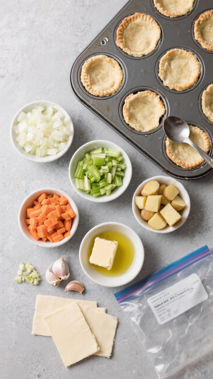 Overhead ingredient-prep flat lay for Make-Ahead Mini Chicken Pot Pies: neat bowls of finely diced onion, finely diced celery, finely diced carrots, small-cube diced potatoes, minced garlic, plus unsalted butter and olive oil ready for the sauté. A muffin tin lined with small pie rounds, a ladle, and parchment squares set beside a labeled freezer bag to emphasize freezing. Clean, organized composition on a cool gray surface, bright and practical meal-prep mood.
