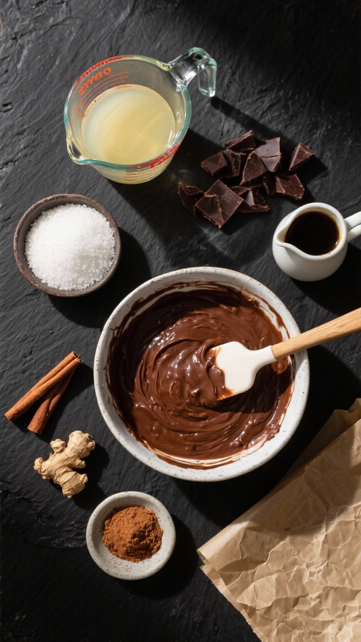 Overhead ingredient-prep flat lay for One-Bowl Vegan Gingerbread Spice Brownies, arranged on matte black slate: melted coconut oil glistening in a glass measuring cup, chopped dairy-free dark chocolate, granulated sugar, packed dark brown sugar, unsulfured molasses in a tiny pitcher, and a bowl with the one-bowl batter mid-mix showing a thick, glossy vegan chocolate-gingerbread mixture. Include a silicone spatula streaked with batter, a pinch bowl of ground ginger and cinnamon, and parchment paper ready for lining. Natural daylight from the side for clarity; emphasize plant-based richness and no-compromise indulgence.