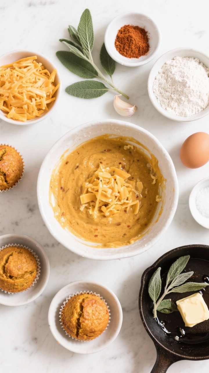 Pumpkin Muffins You’ll Crave All Year Long Overhead ingredient-prep flat lay for savory pumpkin cheddar muffins with crispy sage: shredded sharp cheddar, fresh sage leaves (some fried, some raw), smoked paprika, garlic powder, flour, baking powder, baking soda, fine salt, and eggs arranged in small bowls around a central mixing bowl of pumpkin batter flecked with cheddar. A small skillet with sizzling butter and crisped sage at the corner. Clean, bright light, clear labels via placement, emphasizing savory autumn mood.