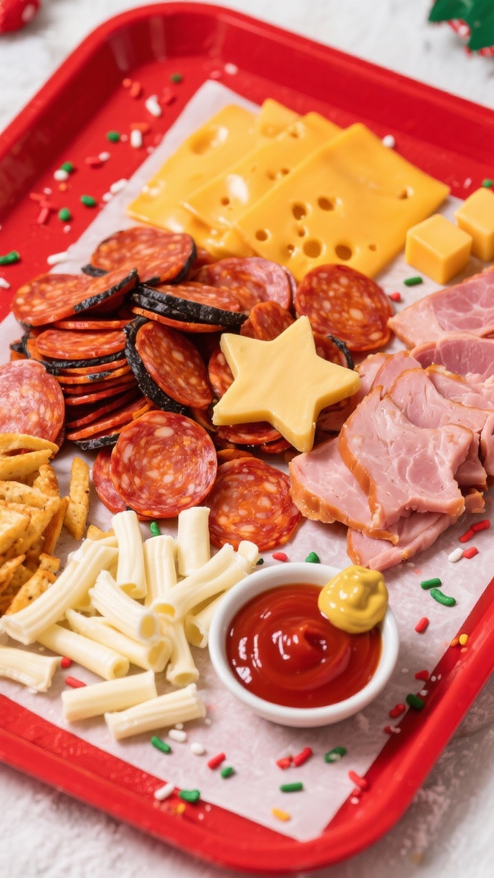Easy Diy Christmas Charcuterie Boards for Beginners That Wow Every Guest Overhead ingredient-prep scene for a kid-friendly North Pole snack tray: tidy piles of turkey pepperoni rounds, folded black forest ham, Colby Jack cheese cut into star shapes and small cubes, and bite-size mozzarella string cheese pieces, arranged on parchment over a bright red tray. Add playful holiday sprinkles and a tiny bowl of ketchup or honey mustard for dipping (optional accent), bold primary colors, cheerful mood, crisp lighting. Emphasis on fun shapes, easy grab-and-go snacking, and mixed textures.