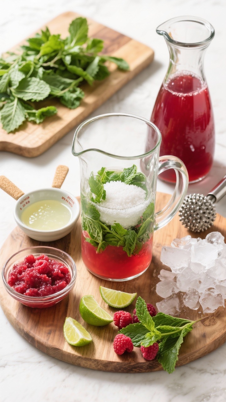 Overhead ingredient-prep scene for Mistletoe Mojito-Style Berry Punch (zero-proof): mint leaves lightly packed and torn on a wooden board, a small bowl of cane sugar/simple syrup, fresh lime juice in a measuring cup, strained raspberry puree in a clear bowl, and cranberry juice in a carafe; a sturdy glass pitcher in center with muddled mint and sugar at the bottom, lime wedges scattered, and a bar muddler resting alongside; include crushed ice ready to add, and a few mint sprigs for garnish; bright, clean styling with crisp greens and ruby reds, conveying refreshing mojito energy without alcohol.