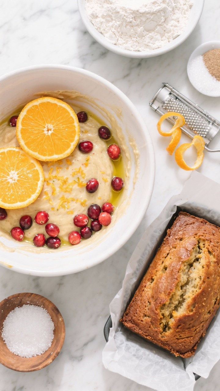 Overhead ingredient-prep shot for cranberry orange olive oil loaf: a mixing bowl with batter showing flecks of the zest of 2 oranges and glossy sheen from extra-virgin olive oil, scattered fresh cranberries, measured all-purpose flour, granulated sugar, baking powder, baking soda, fine salt, and a zester with bright orange curls. A loaf pan lined with parchment is ready nearby, plus a bowl of sparkling sugar to finish. Clean, bright daylight on a light marble surface to emphasize citrusy freshness and ruby cranberries.