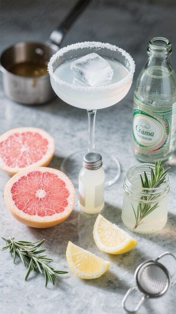 Overhead ingredient-prep shot for frosted rosemary citrus fizz: neat arrangement on a cool stone surface featuring pink grapefruit halves, lemon wedges, a small bottle of white grape juice, and a jar of rosemary simple syrup with rosemary sprigs inside. Off to the side, a chilled coupe glass with sugar-frosted rim and a large crystal-clear ice cube, alongside a seltzer bottle ready to top. Include a small saucepan with syrup residue and a strainer to imply the infused syrup method. Clean, modern styling, cool tones, reflective highlights emphasizing freshness and elegance.